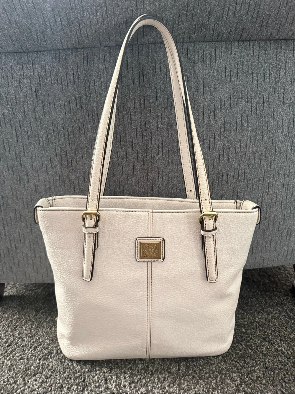 Anne Klein Ivory Leather Shoulder Bag with Gold Hardware